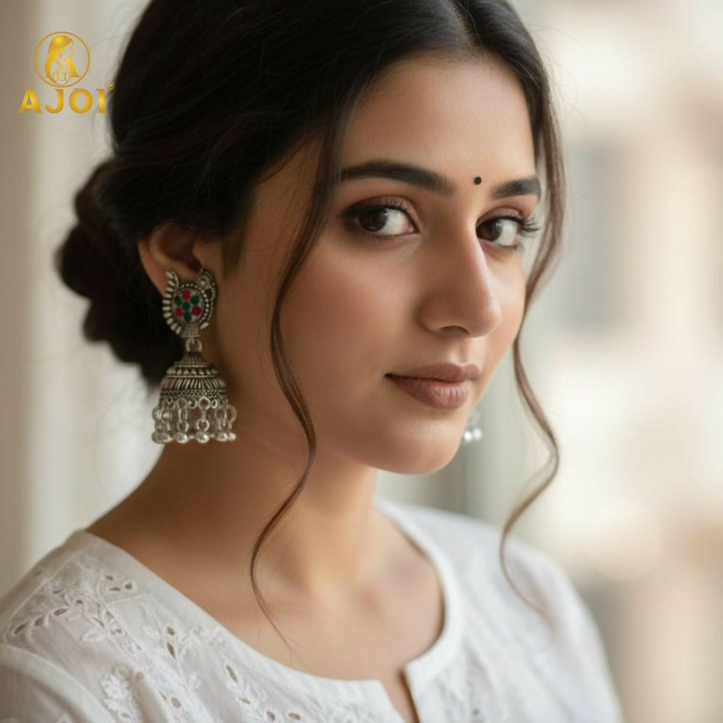 Oxidised Silver Jhumka Earrings Set – 4 Pairs with Intricate Stone Detailing
