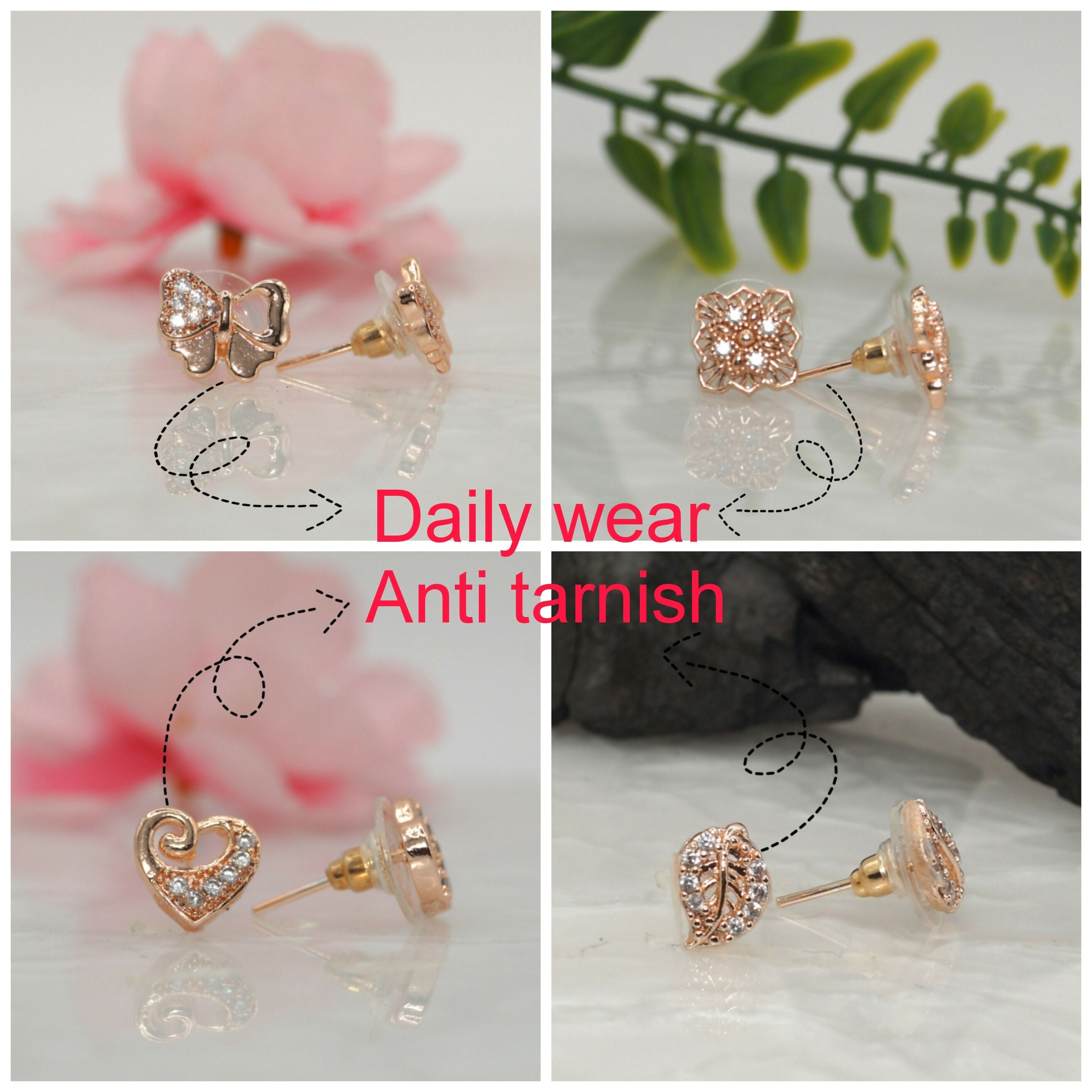 Rose Gold CZ Stud Earrings Combo – Elegant 4-Pair Set for Women