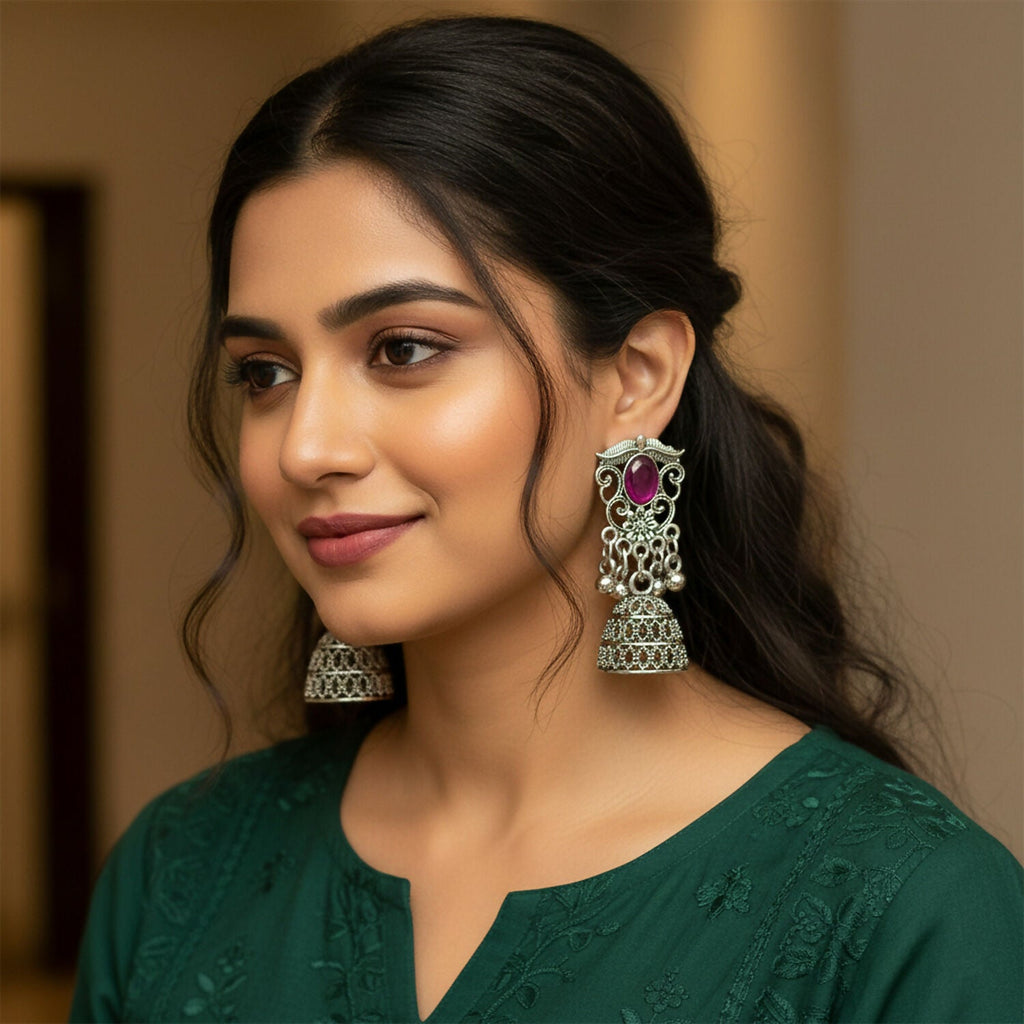 German Silver Jhumka Earrings – Red Monalisa Stones & Vintage Charm
