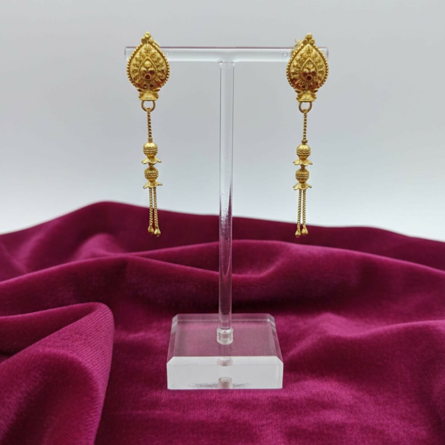 Gold-Plated Jhumka Earrings – Traditional Long Chain Beads Jewellery