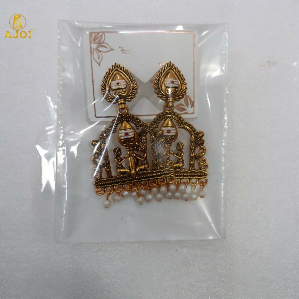 Gold-Tone Temple Jhumka Earrings with Pearl Danglers – Elegant Ethnic Design
