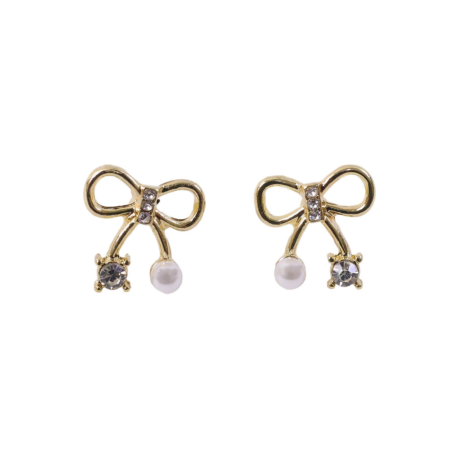 Bow-Knot Crystal Pearl Stud Earrings – Korean Minimalist Style