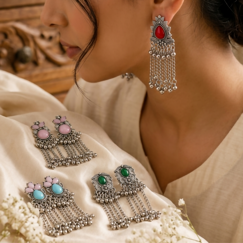 Oxidized Silver Tassel Earrings – Vintage Tribal Dangle for Women