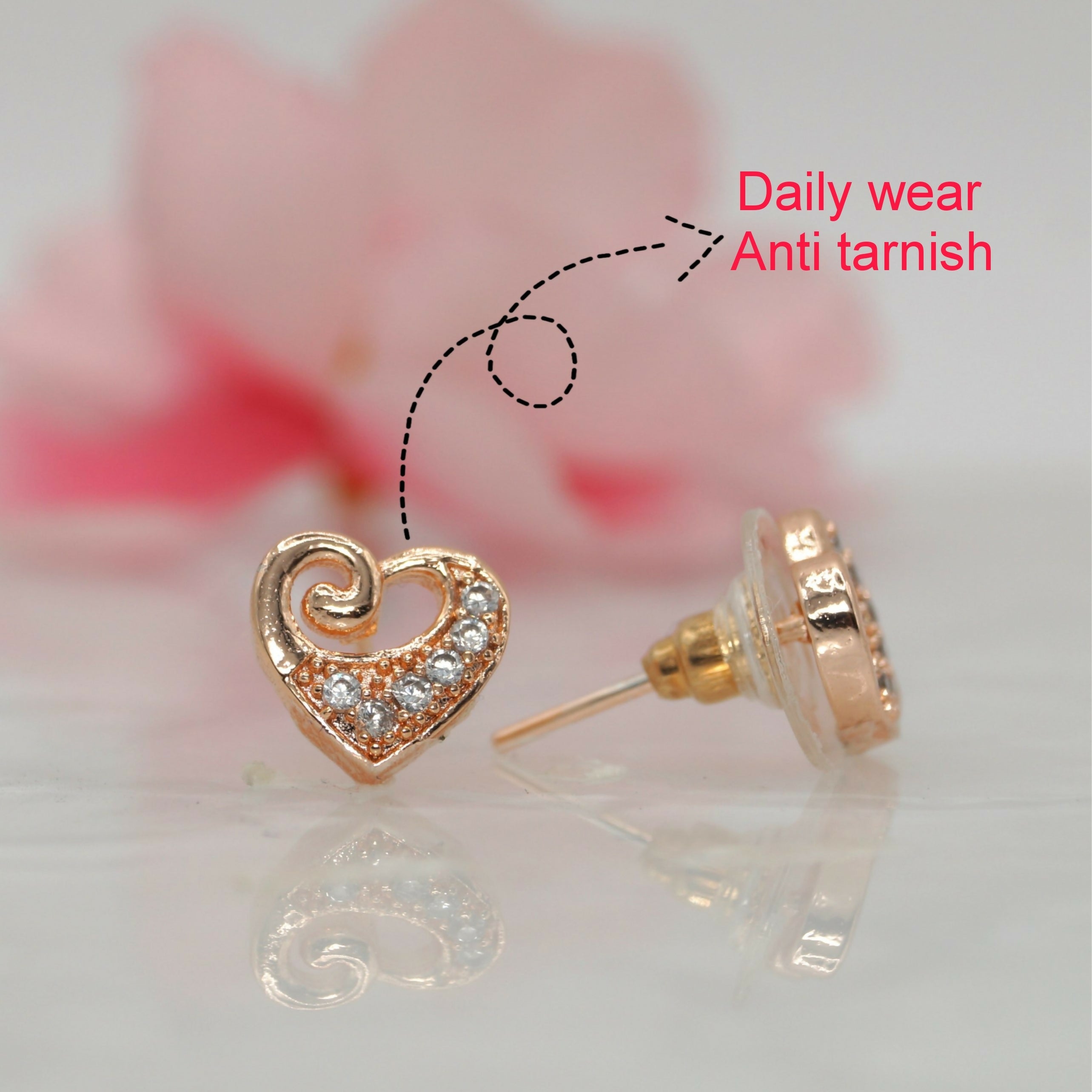 Heart Stud Earrings in Rose Gold Plating with CZ Sparkle