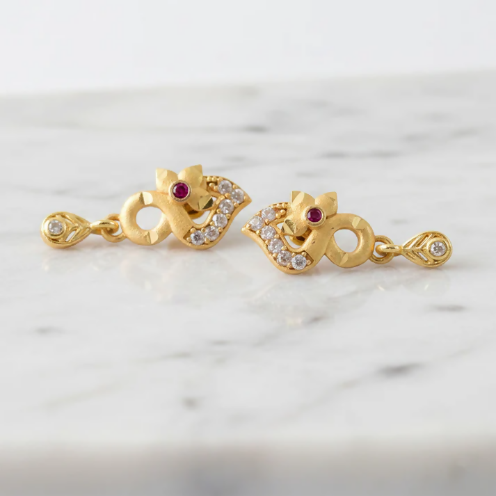 Gold Plated Earrings with Ruby & Crystal Drops – Elegant Shine