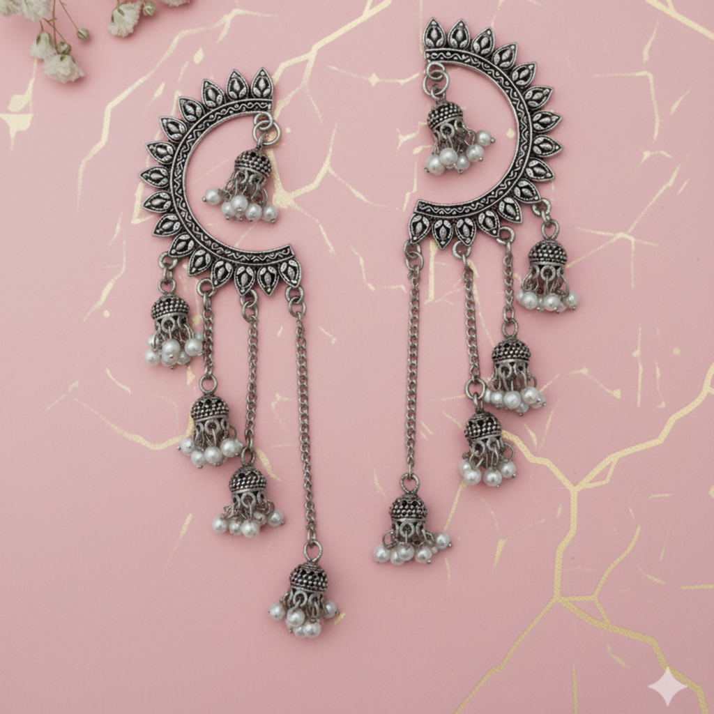 Oxidized Crescent Chandbali Earrings – Elegant Pearl Jhumka Drops