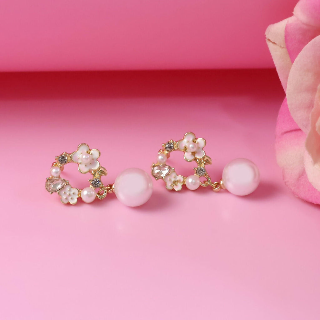 Rose Pearl Stud Earrings – Elegant Gold Floral Jewellery