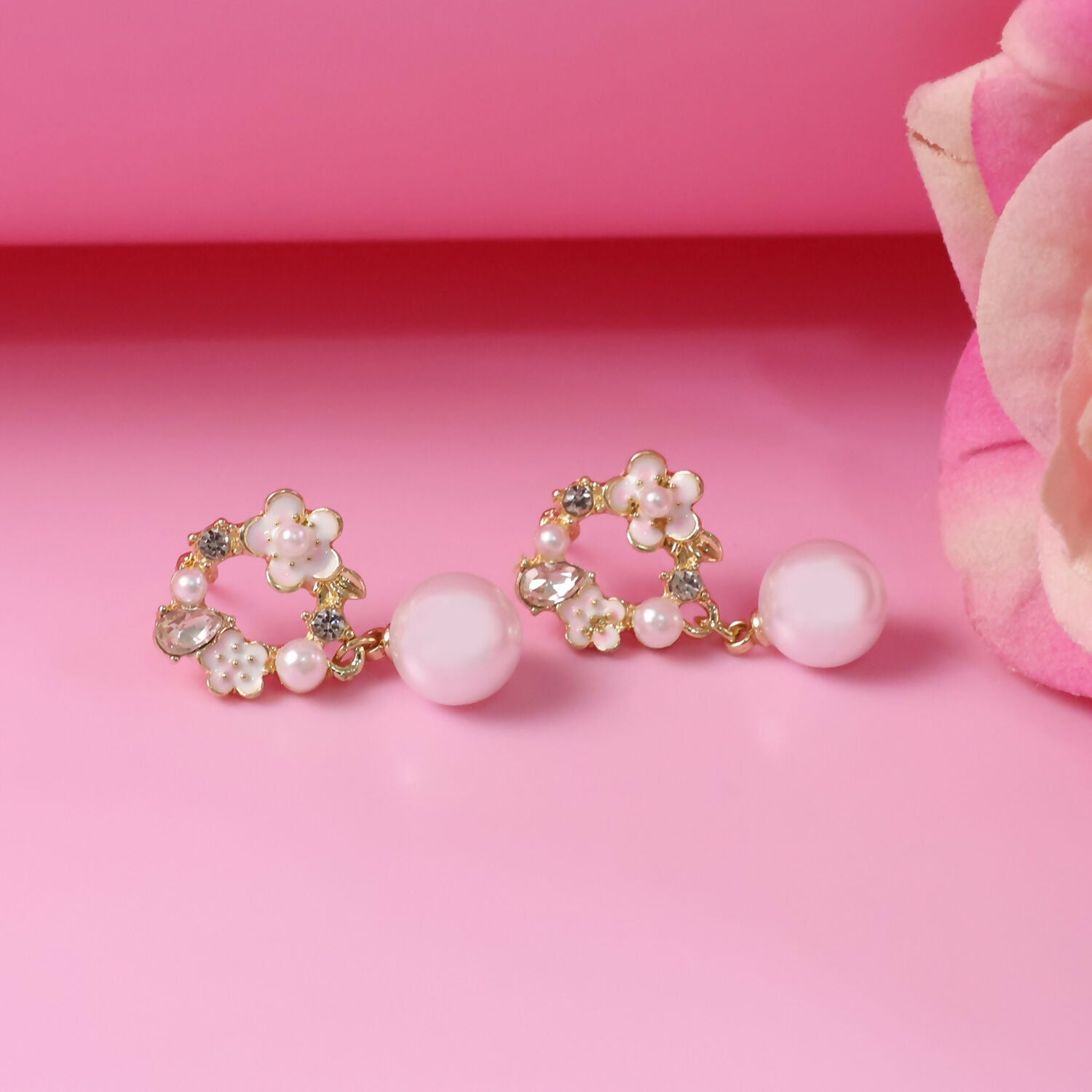 Rose Pearl Stud Earrings – Elegant Gold Floral Jewellery