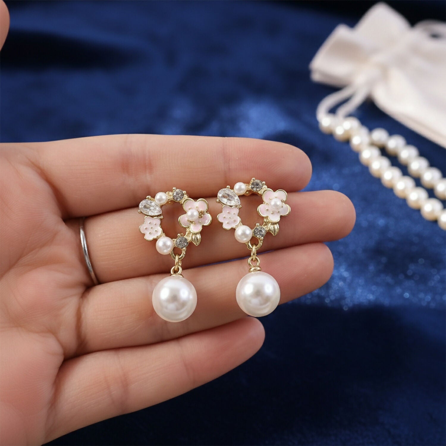 Rose Pearl Stud Earrings – Elegant Gold Floral Jewellery