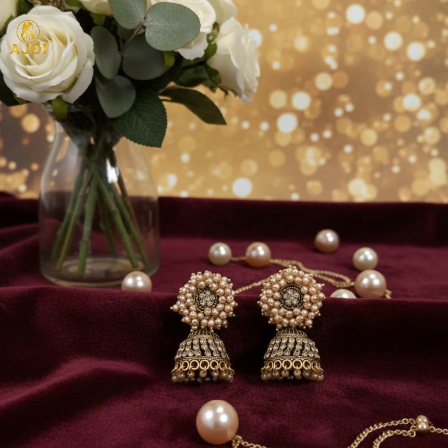 Antique Gold Jhumka Earrings – Elegant Pearl Cluster Design