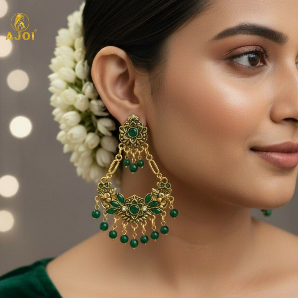 Chandbali Earrings – Antique Gold-Plated with Green Stones
