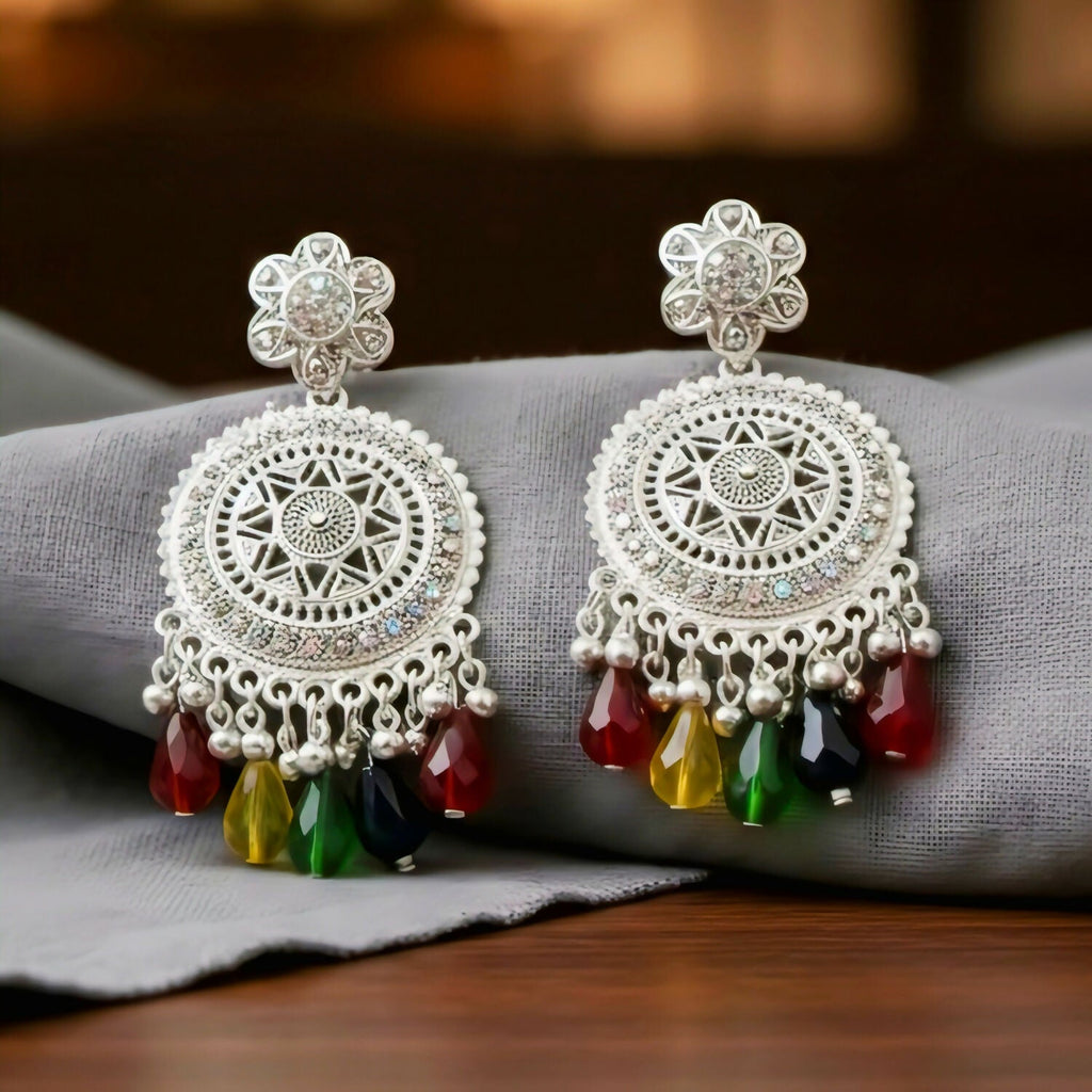 Oxidized Silver Mandala Drop Earrings with Multi-Color Crystals