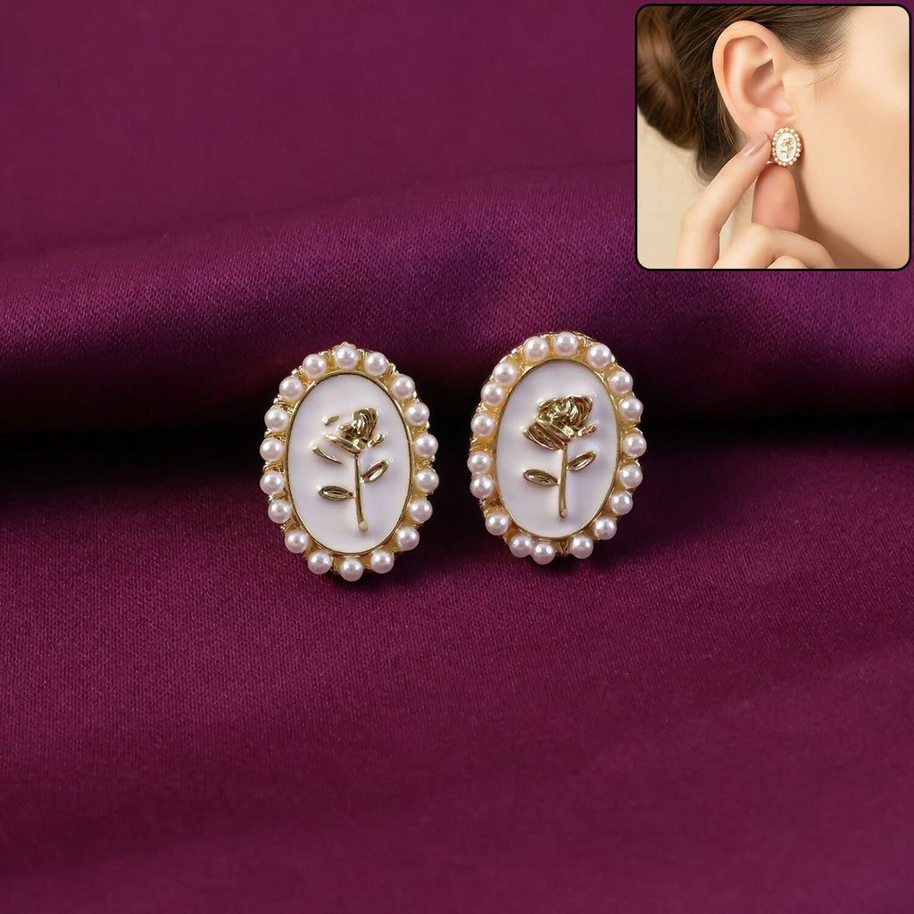 Pearl Stud Earrings – Elegant Gold Plated Rose Design for Women