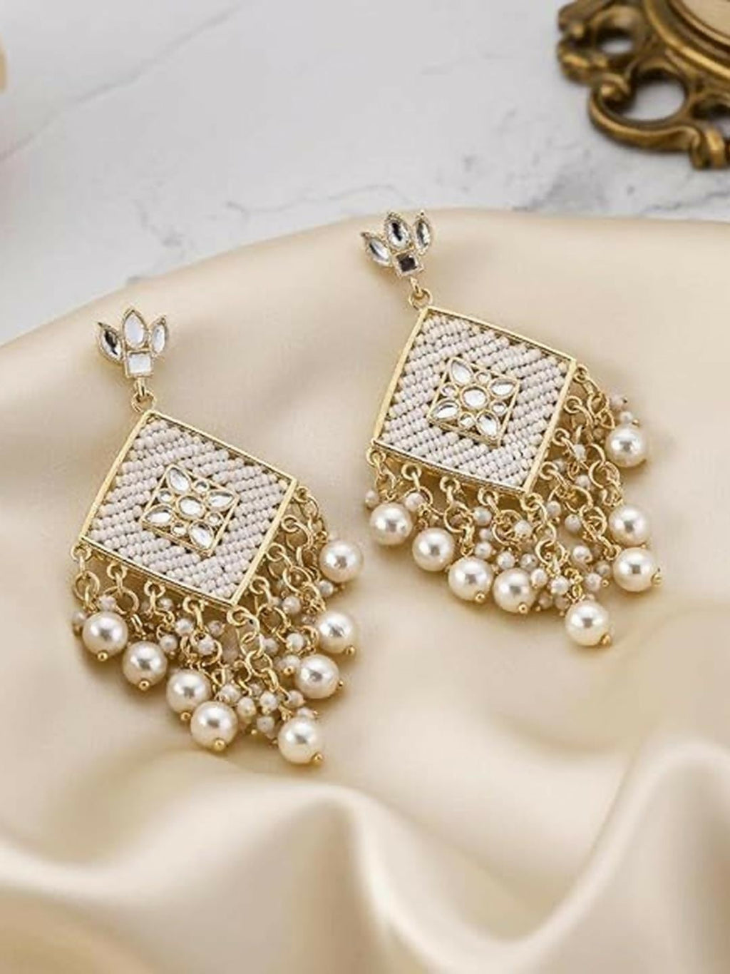 Kundan Stud Earrings – Traditional White Seed Bead & Pearl Drops