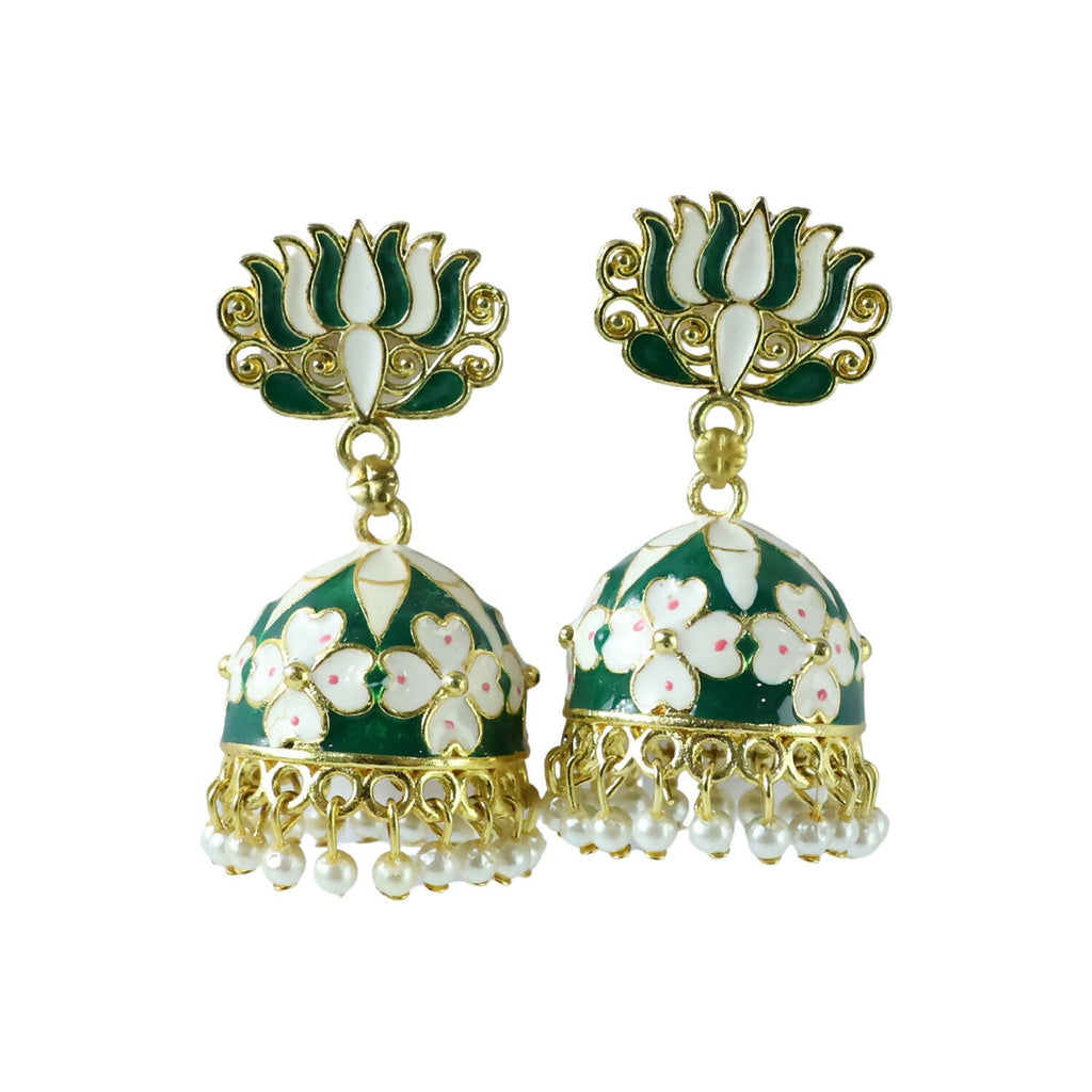 Green Lotus Jhumka Earrings – Elegant Pearl Detail for Women