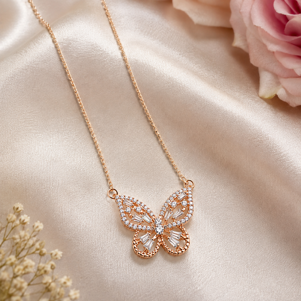 Rose Gold Polish Imitation Butterfly CZ Pendant Necklace for Women
