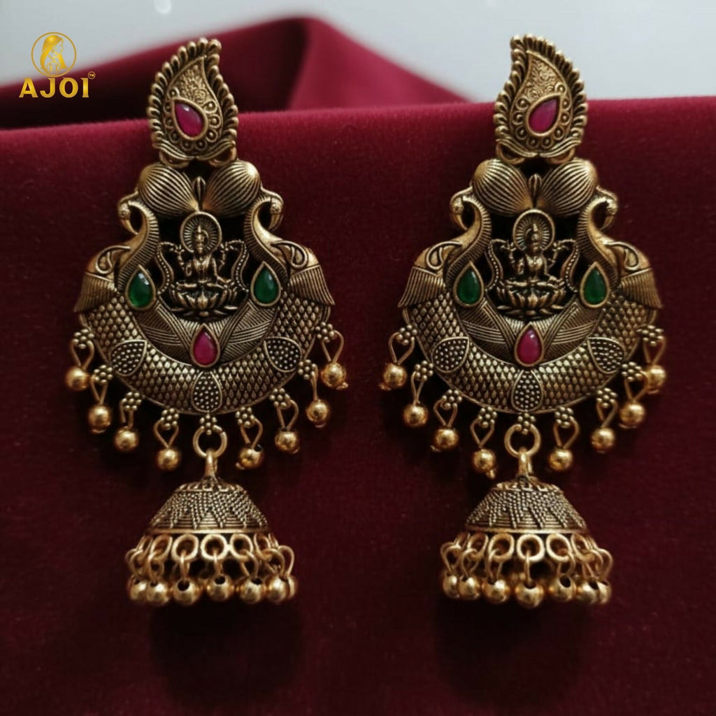 Temple Jhumka Earrings – Antique Gold Plated with Lakshmi Motif