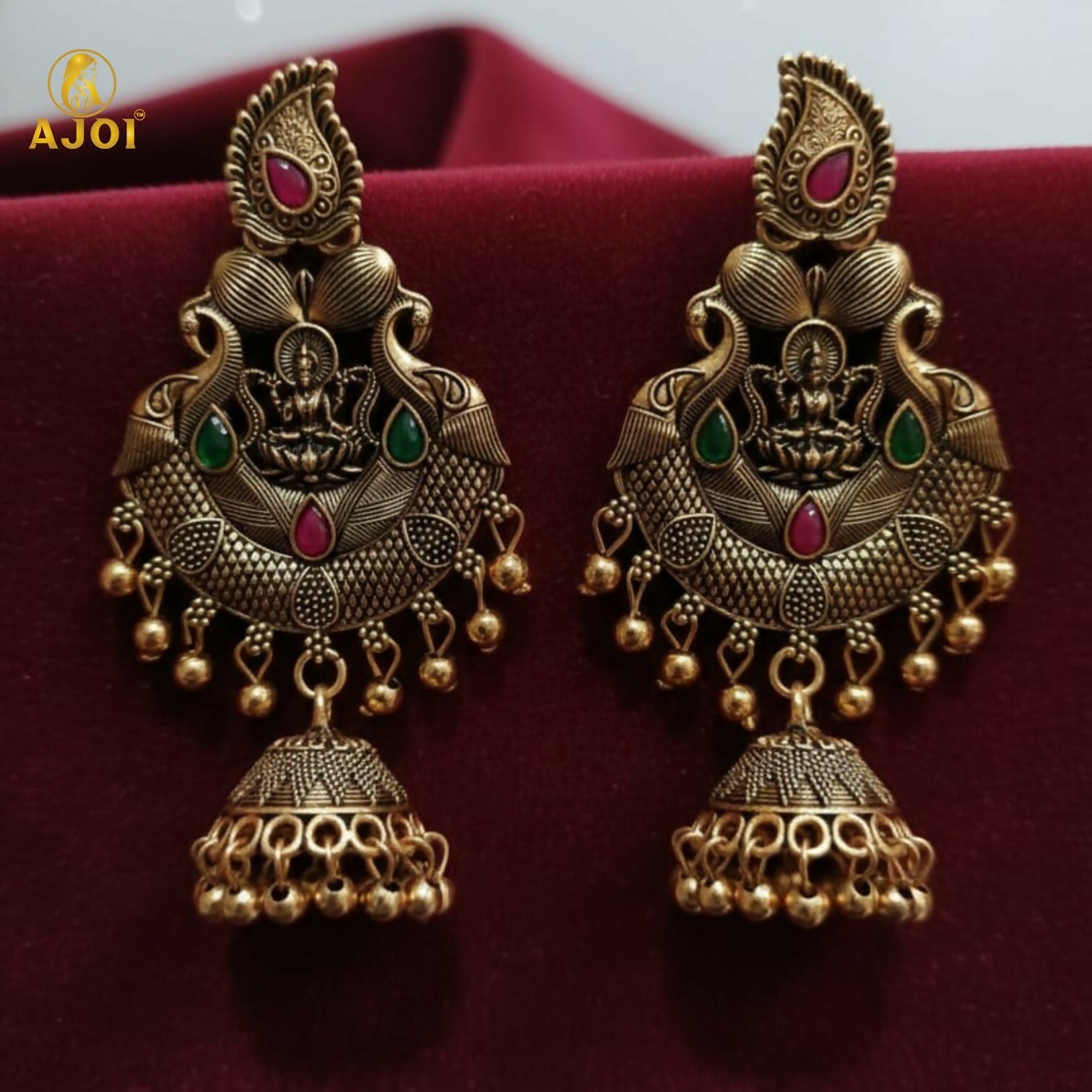 Temple Jhumka Earrings – Antique Gold Plated with Lakshmi Motif