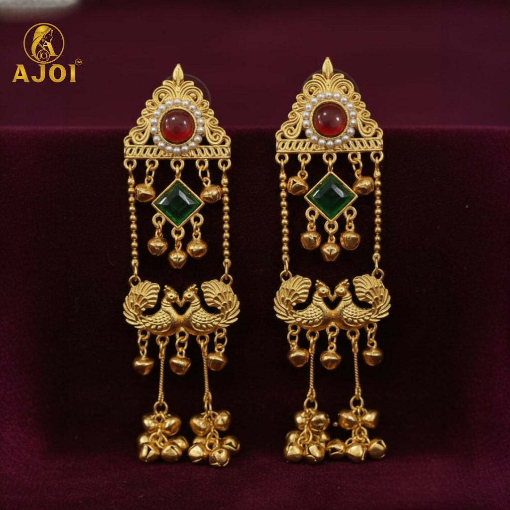 Kashmiri Peacock Jhumka Earrings – Royal Red & Green Stones