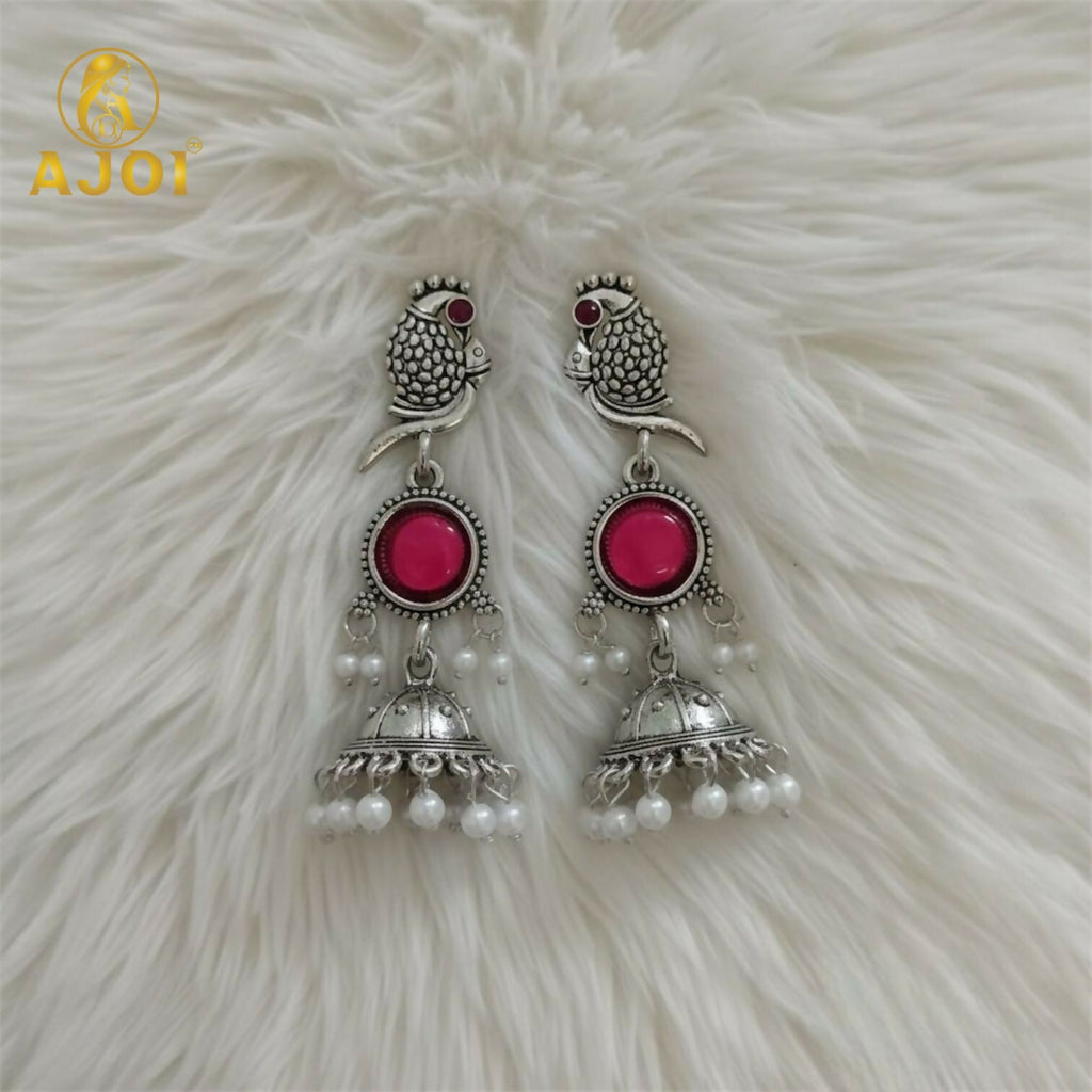 Peacock Jhumka Earrings – Antique Silver with Pink Stone & Pearl Drops