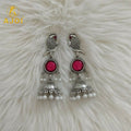 Peacock Jhumka Earrings – Antique Silver with Pink Stone & Pearl Drops
