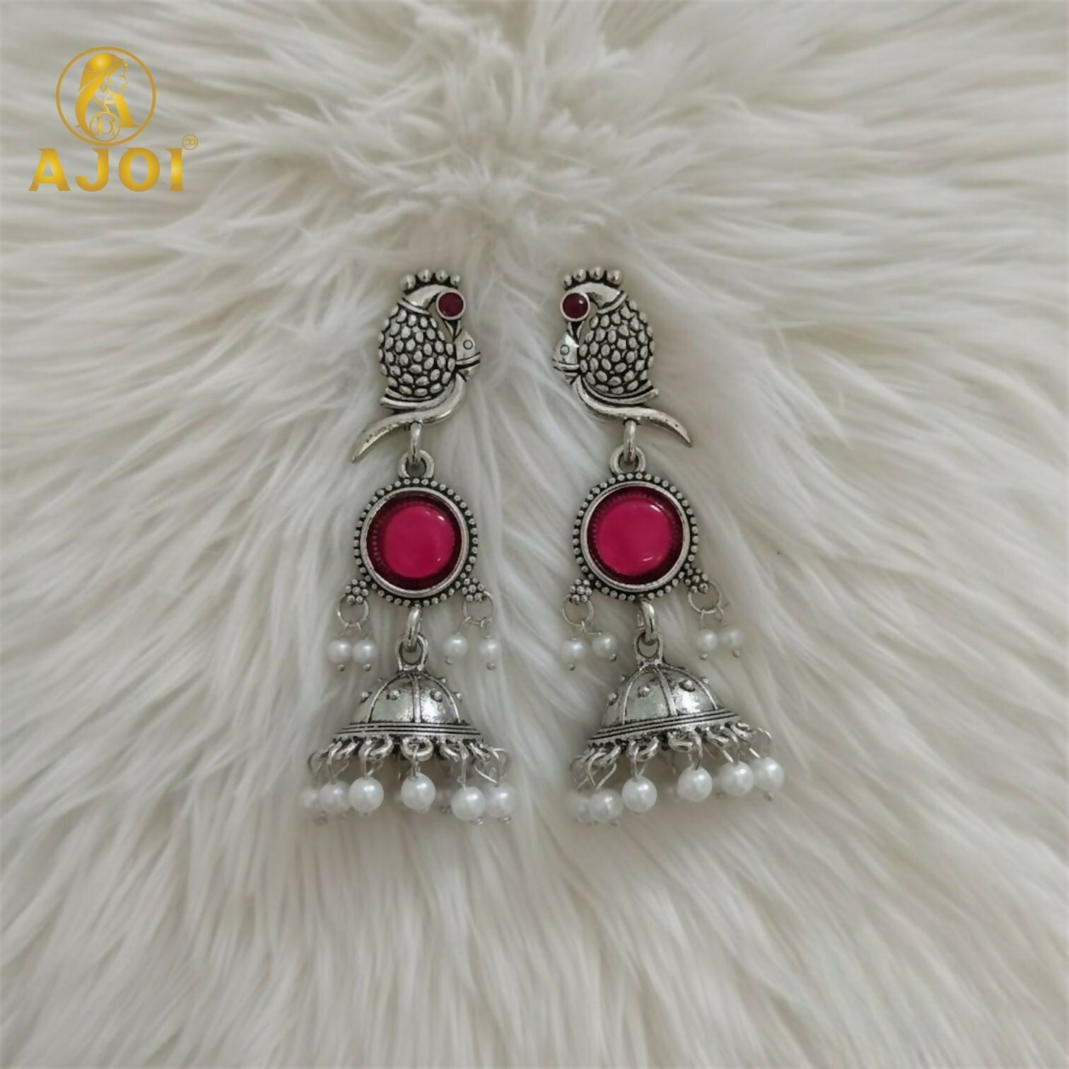 Peacock Jhumka Earrings – Antique Silver with Pink Stone & Pearl Drops