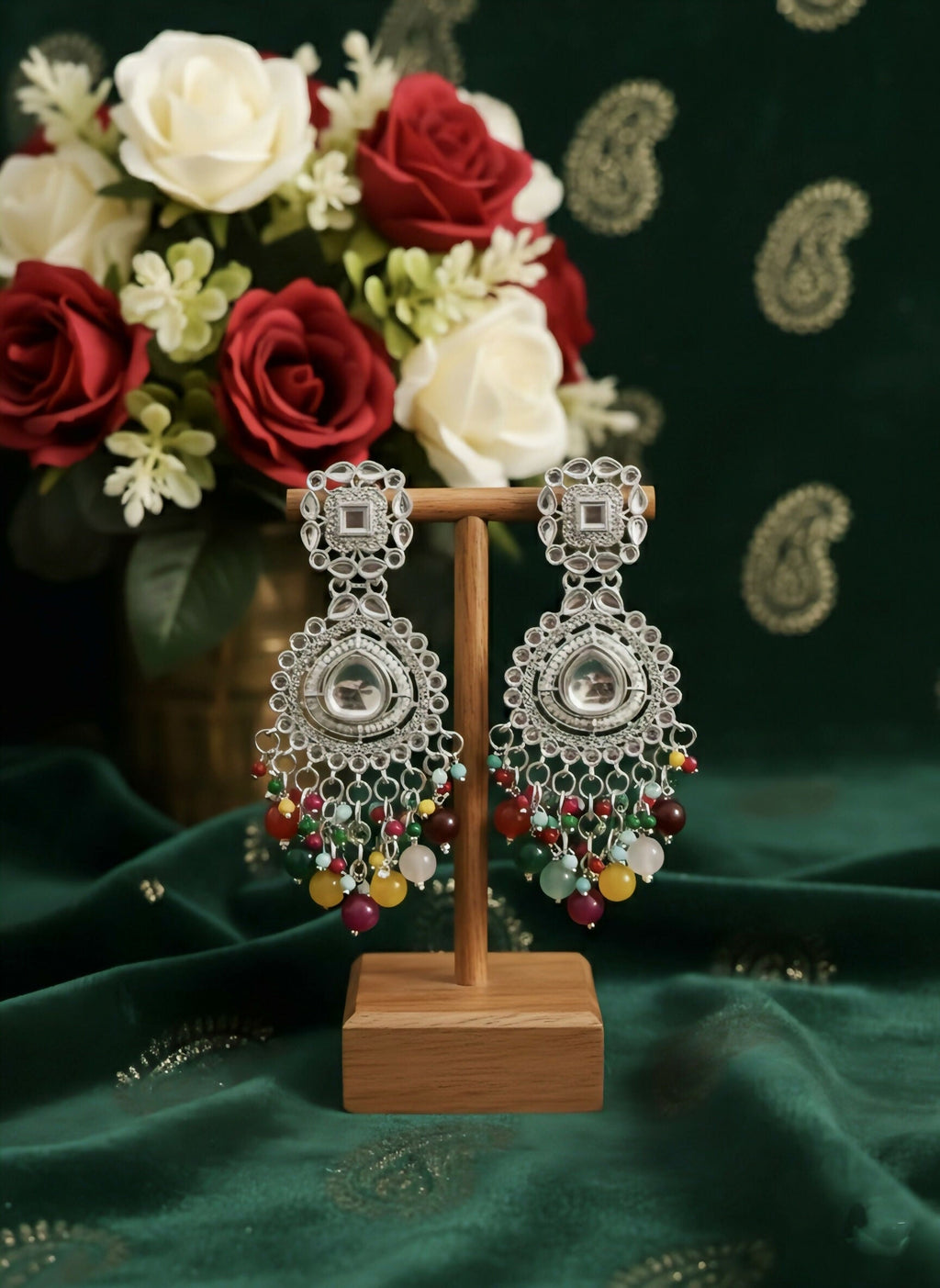 Oxidized Silver Chandbali Earrings – Multicolor Bead Drops