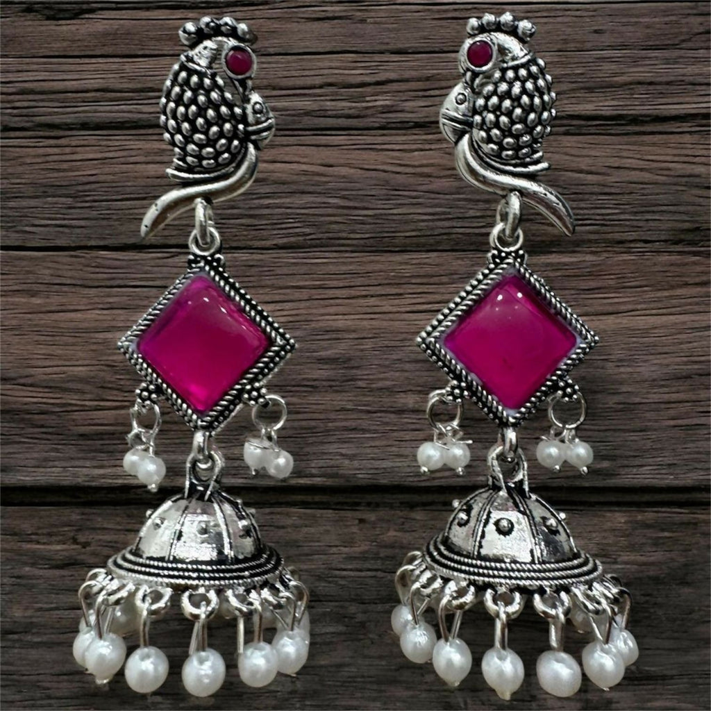 Oxidised Silver Pink Stone Jhumka Earrings – Parrot Design with Pearls