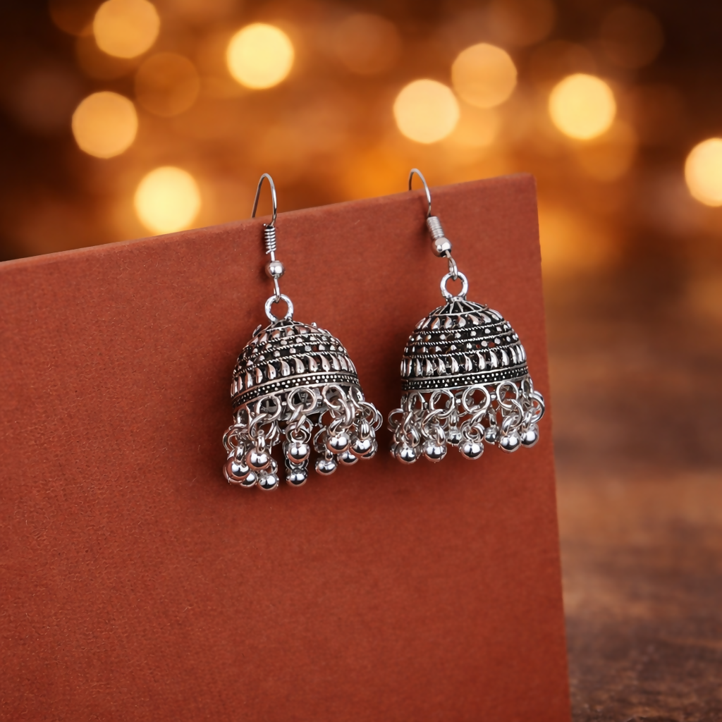 Oxidised Silver Hook Jhumka Earrings – Lightweight Traditional Charm