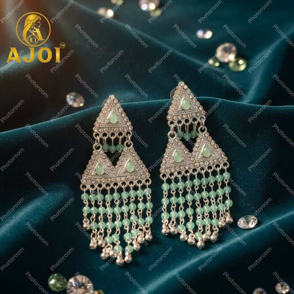 Mint Green Layered Designer Earrings – Elegant Drop & Stone Accents