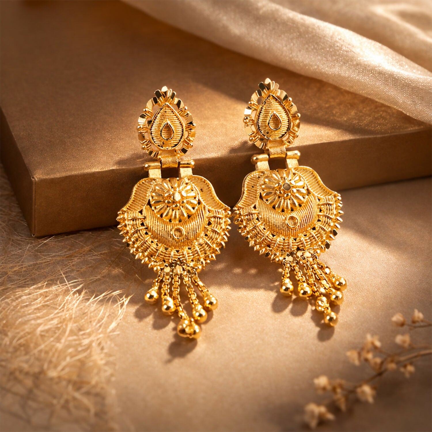 South Indian Gold Jhumka Earrings – Traditional Leaf Motif