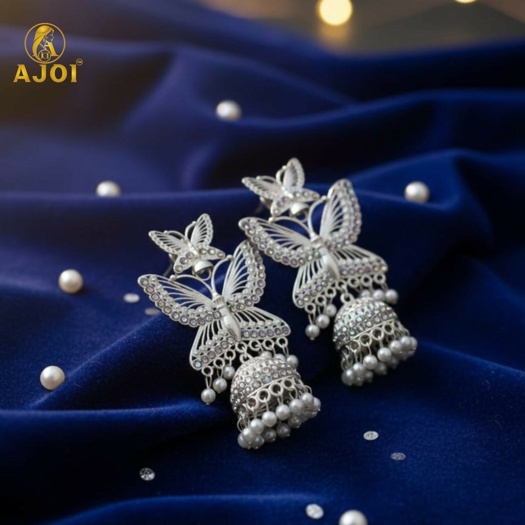 Butterfly Designer Jhumka Earrings – Silver Plated with Pearl Drops