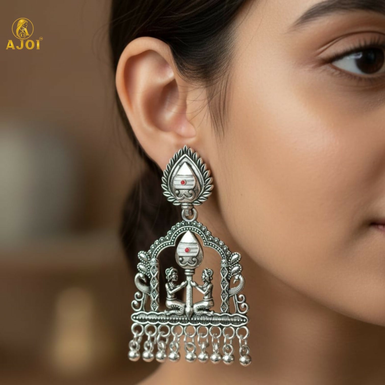 Oxidized Silver Temple Earrings – White Pearl Traditional Charm