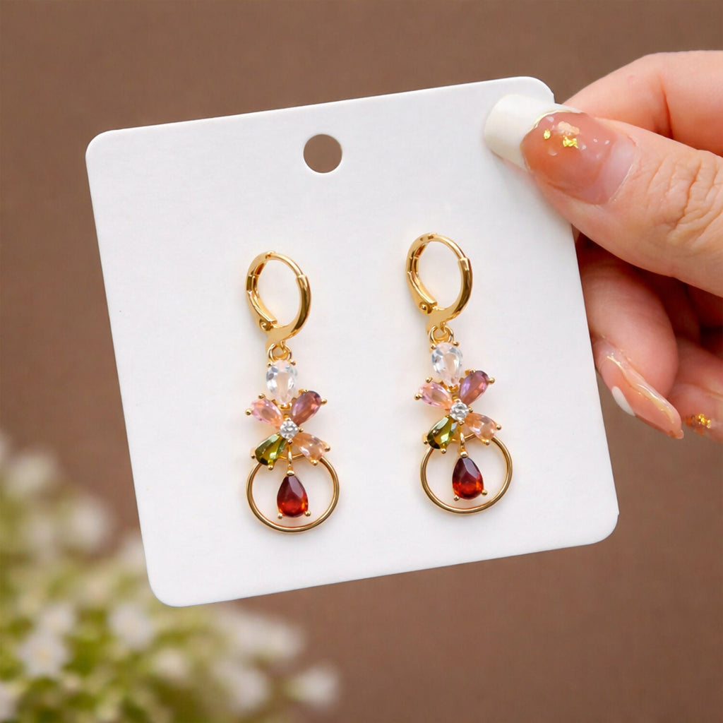 Floral Crystal Hoop Earrings – Elegant Multicolor Gold-Tone Drop