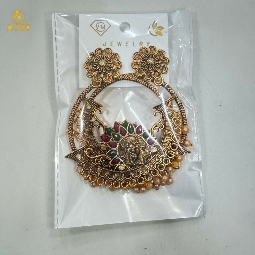 Temple Chandbali Earrings – Radha Krishna Goddess Motif