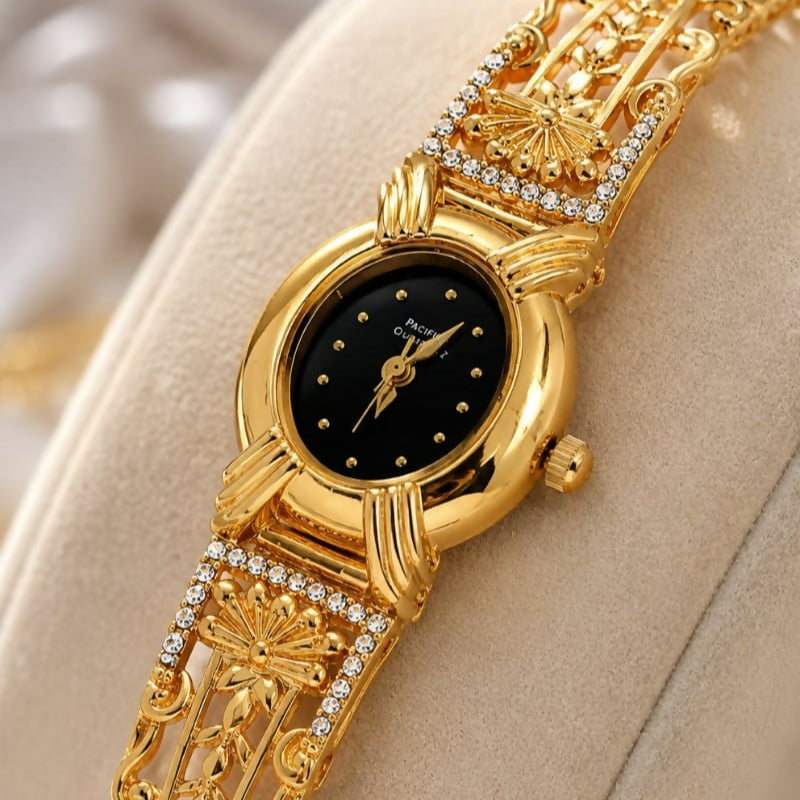 Luxury Gold Tone Floral Crystal Bracelet Watch for Women Black Dial Designer Wrist Watch