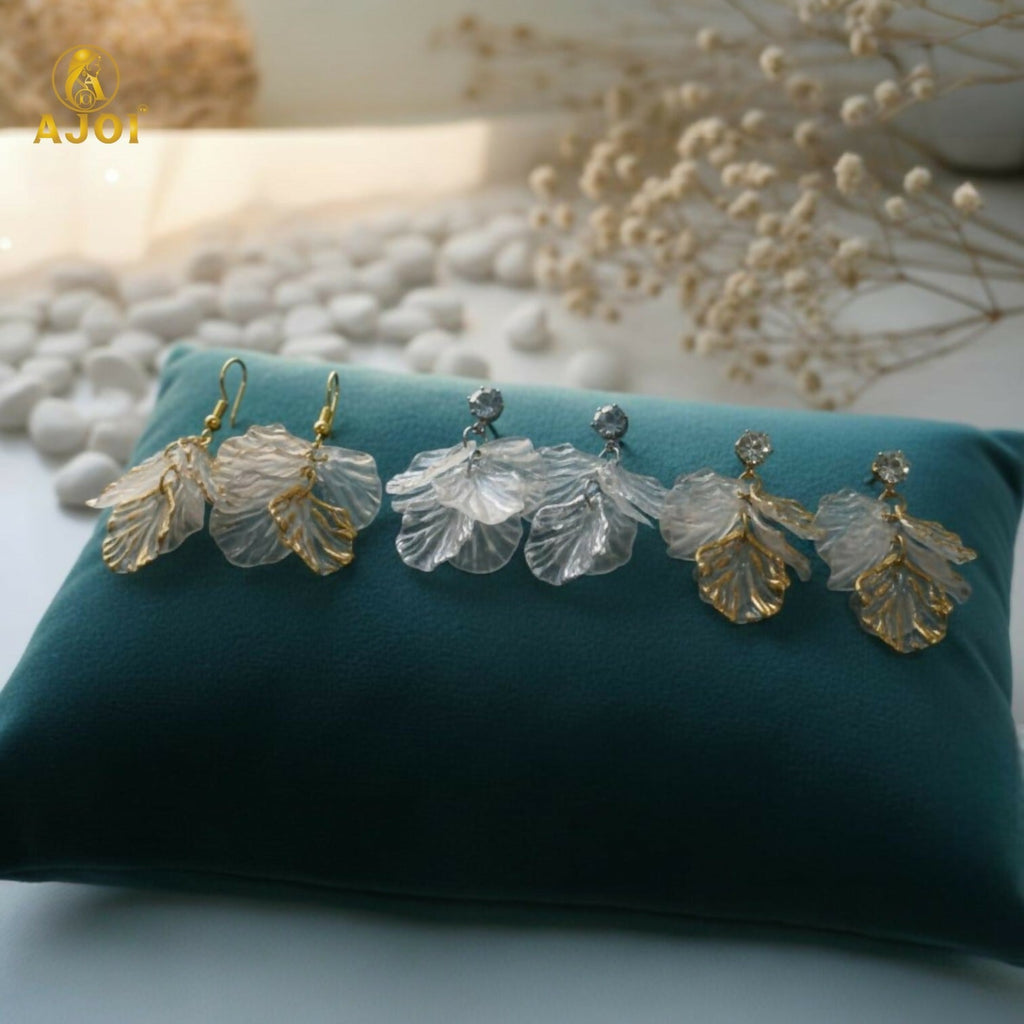 Transparent Leaf Drop Earrings Set – Elegant 3-Pair Combo in Gold & Silver