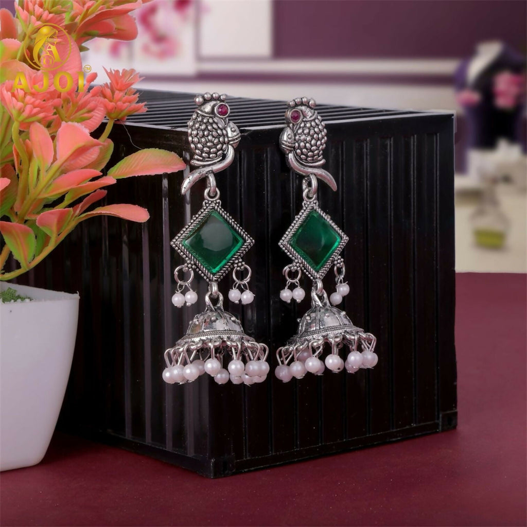 Green Stone Jhumka Earrings – Oxidised Silver Parrot Design