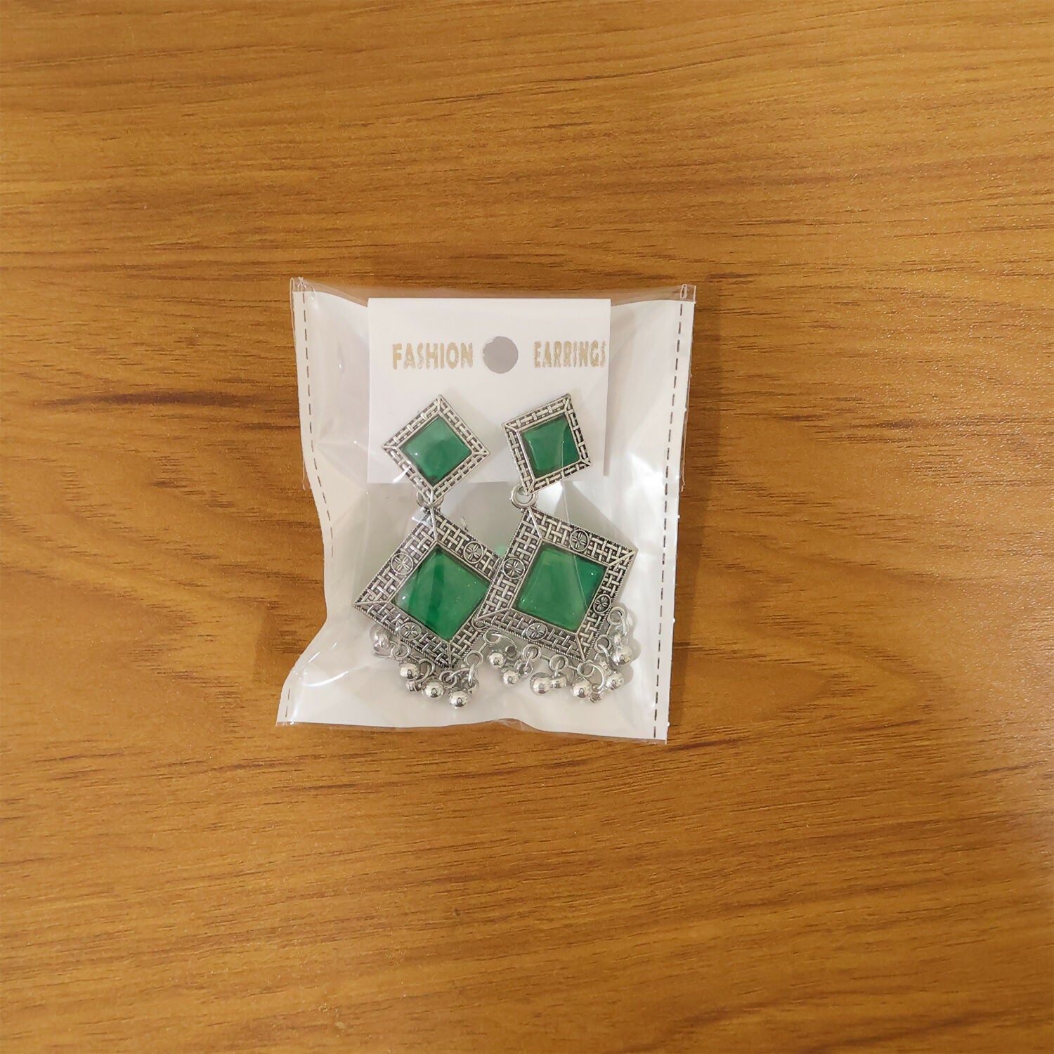 Oxidised Indian Earrings – Traditional Dangler with Green Monalisa Stones
