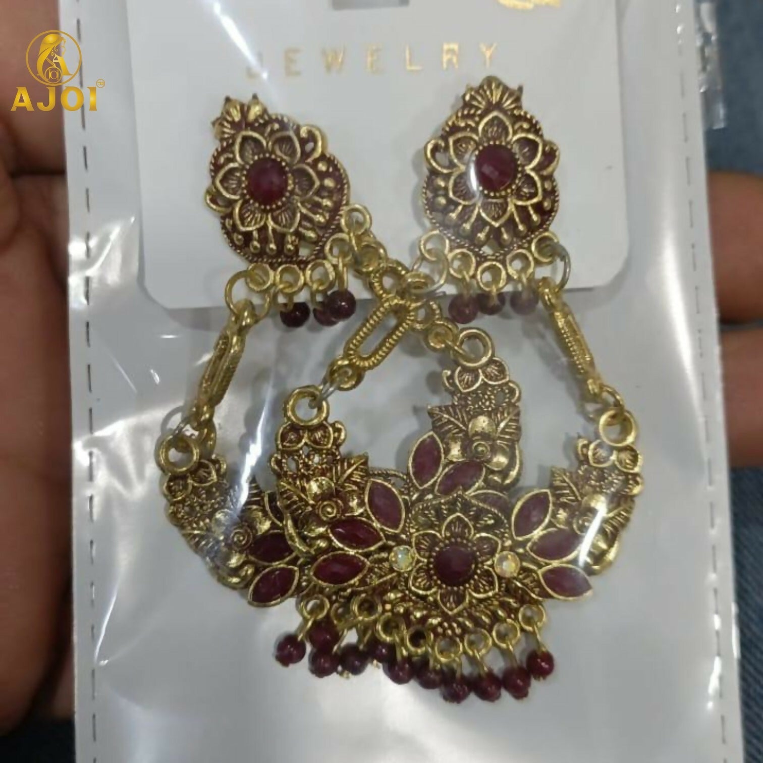 Maroon Floral Chandbali Earrings – Vintage Ethnic Elegance