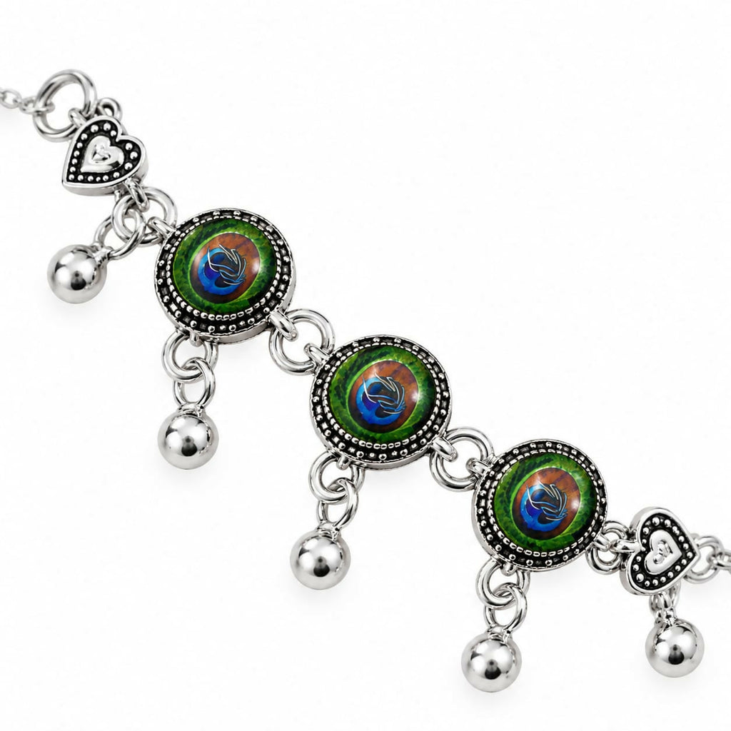 Antique Silver Peacock Feather Charm Bracelet | Adjustable Slider Chain Boho Jewelry
