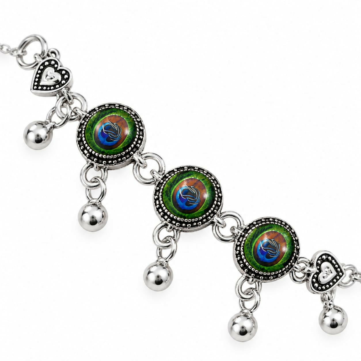 Antique Silver Peacock Feather Charm Bracelet | Adjustable Slider Chain Boho Jewelry