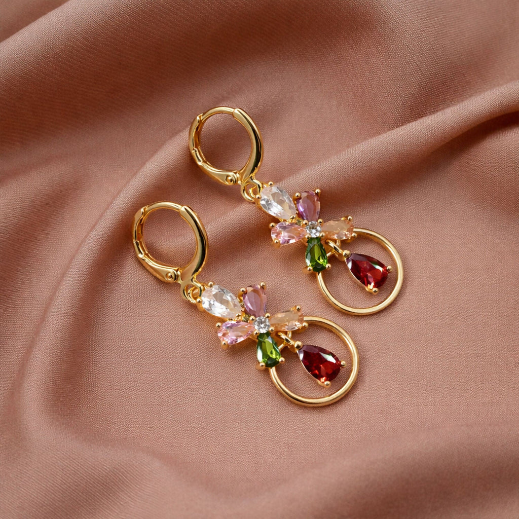 Floral Crystal Hoop Earrings – Elegant Multicolor Gold-Tone Drop