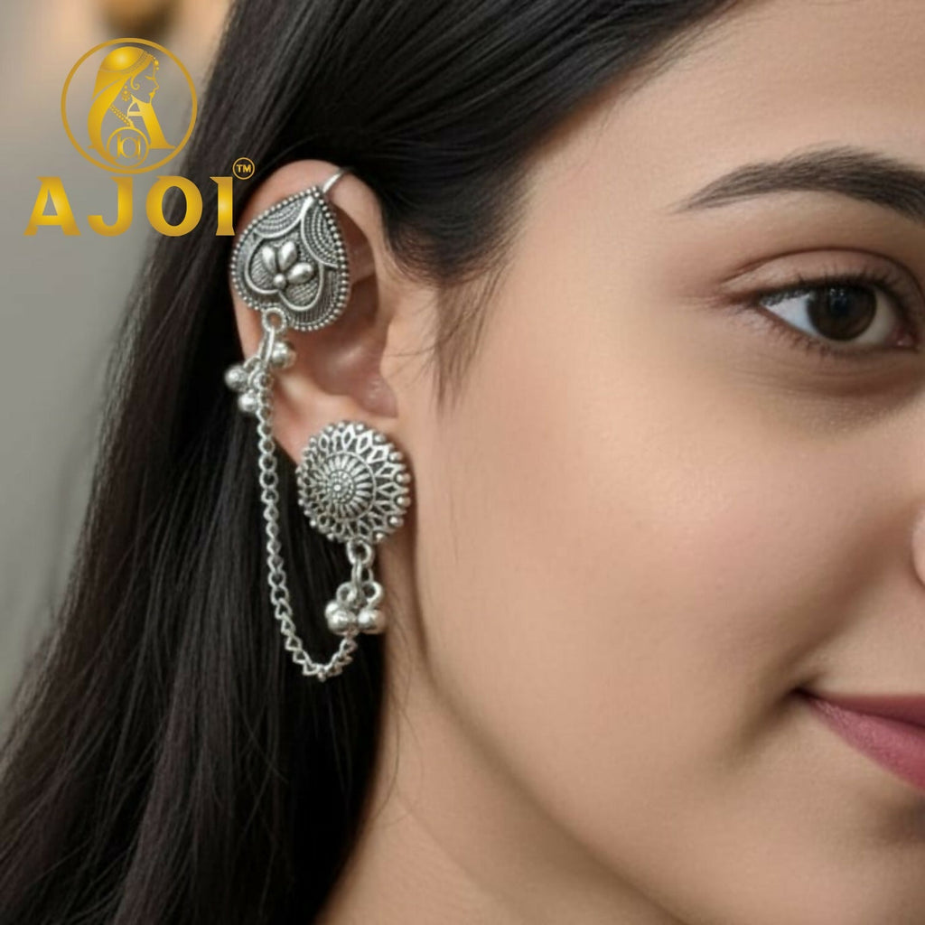 Antique Silver Chain Earrings – Elegant Floral Motifs for Women