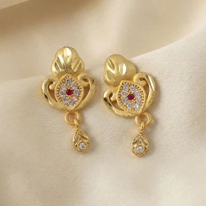 Gold Stud Earrings with Ethnic Floral Motif and Elegant Drop