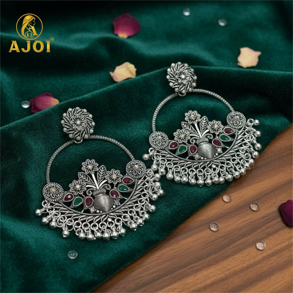 Oxidised Silver Chandbali Earrings – Floral Design with Color Stones
