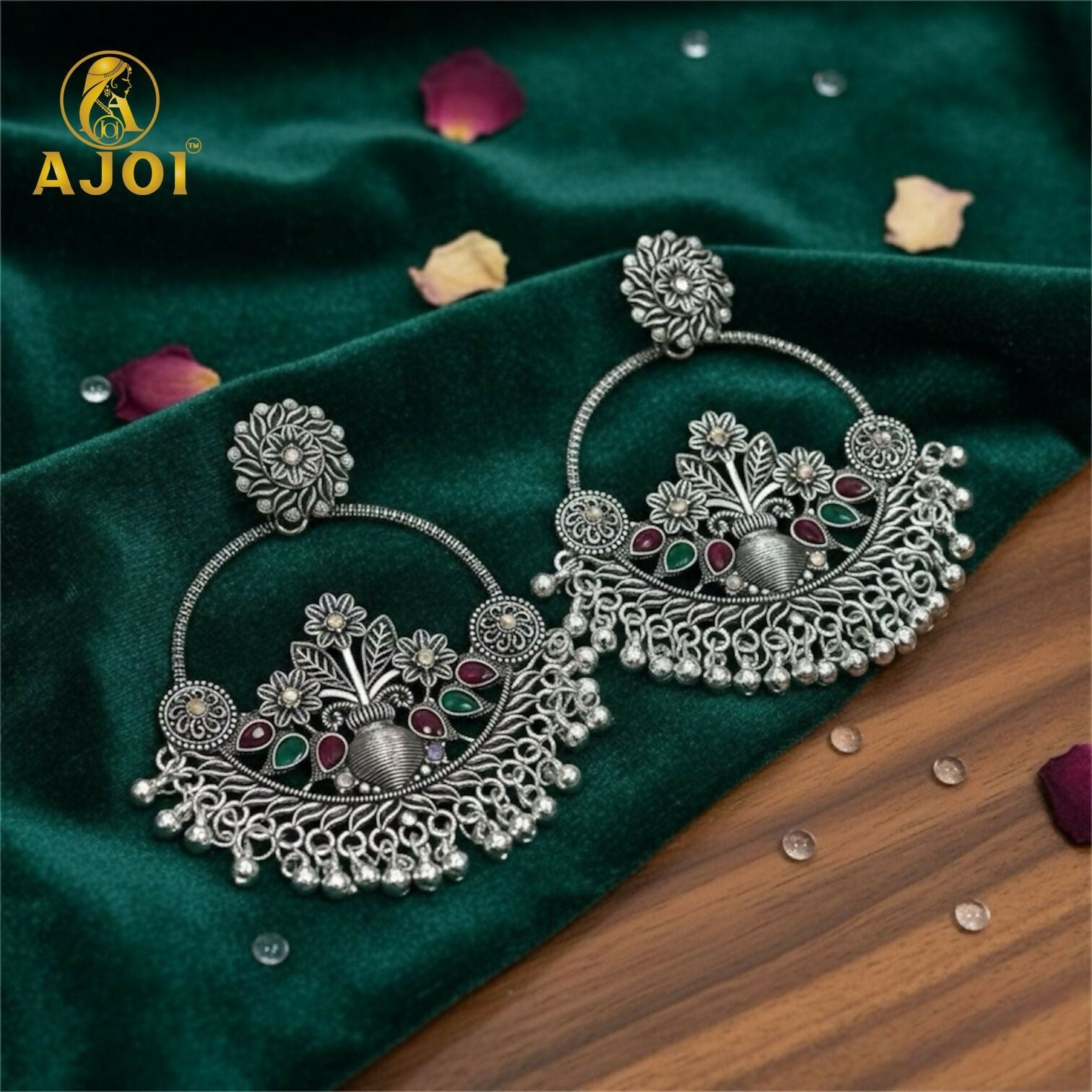 Oxidised Silver Chandbali Earrings – Floral Design with Color Stones