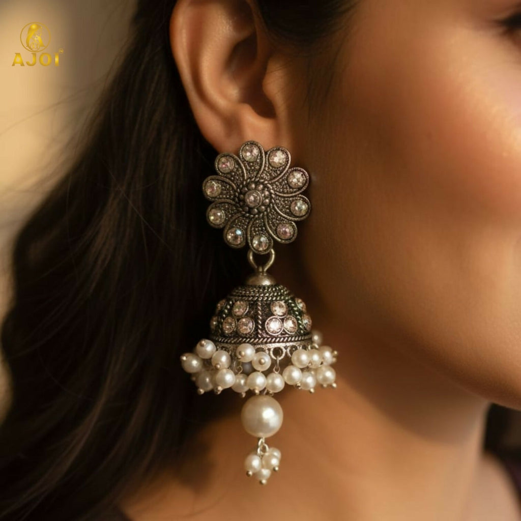 Oxidised Silver Jhumka Earrings with Pearl Drops – Traditional Indian Design
