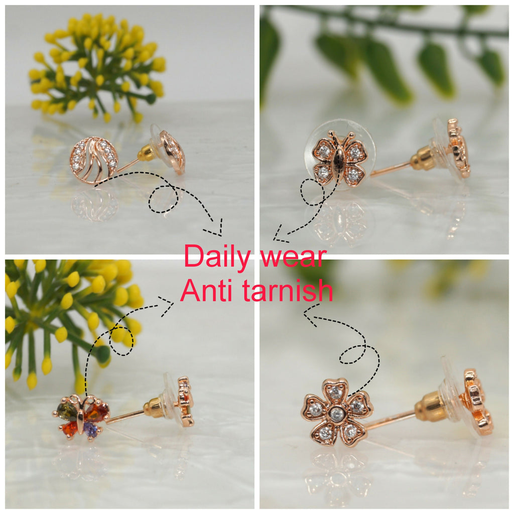 Rose Gold Stud Earrings Set – Butterfly & Flower Combo Pack of 4