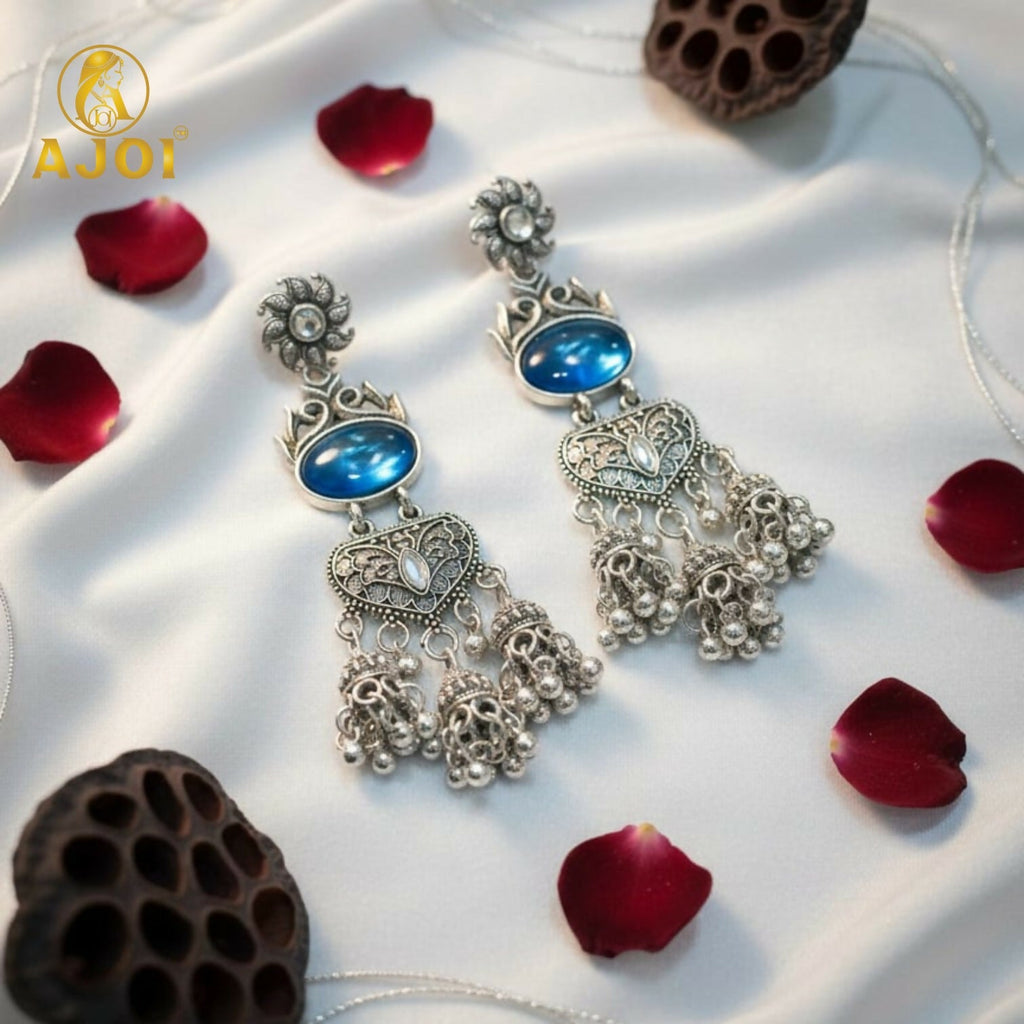 Oxidized Silver Turquoise Jhumka Earrings – Intricate Filigree Design